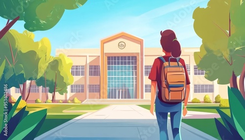 student enters the university illustration, copy space