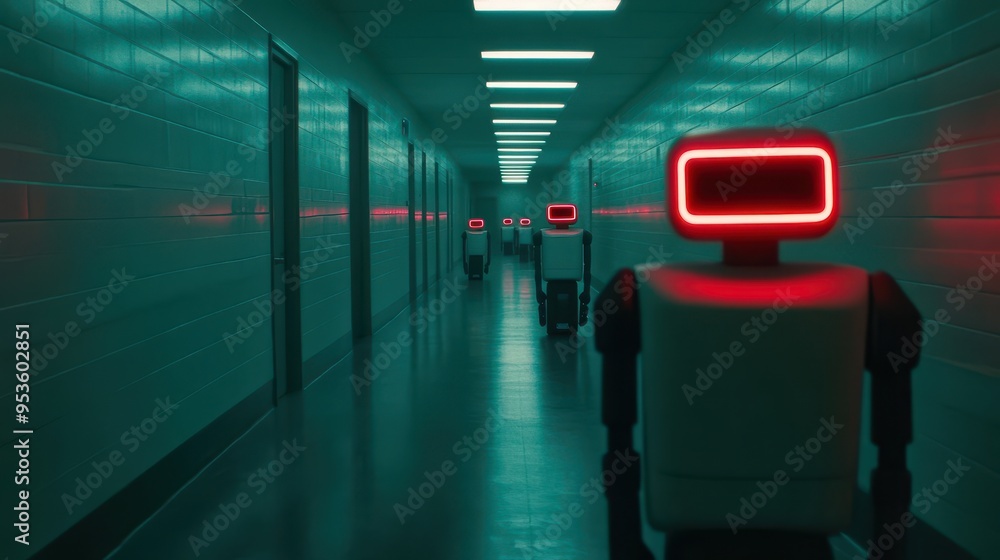 Fototapeta premium Futuristic Robots in a Dimly Lit Hallway of a Modern Facility with Neon Lights
