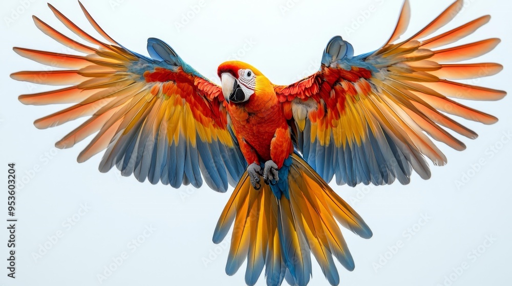 Obraz premium Vibrant Scarlet Macaw in Flight Generative AI