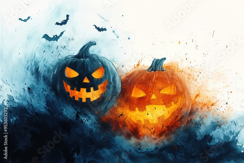 Watercolor tornado with flying cows and scary pumpkins, halloween atmosphere, children's book illustration style, simple design photo