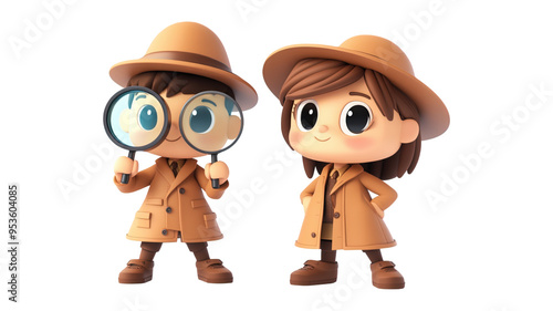 Detective Couple Characters With Magnifying Glasses Isolated On Transparent Png Background, Perfect For Mystery-Themed Designs And Children'S Book Illustrations . Generative ai