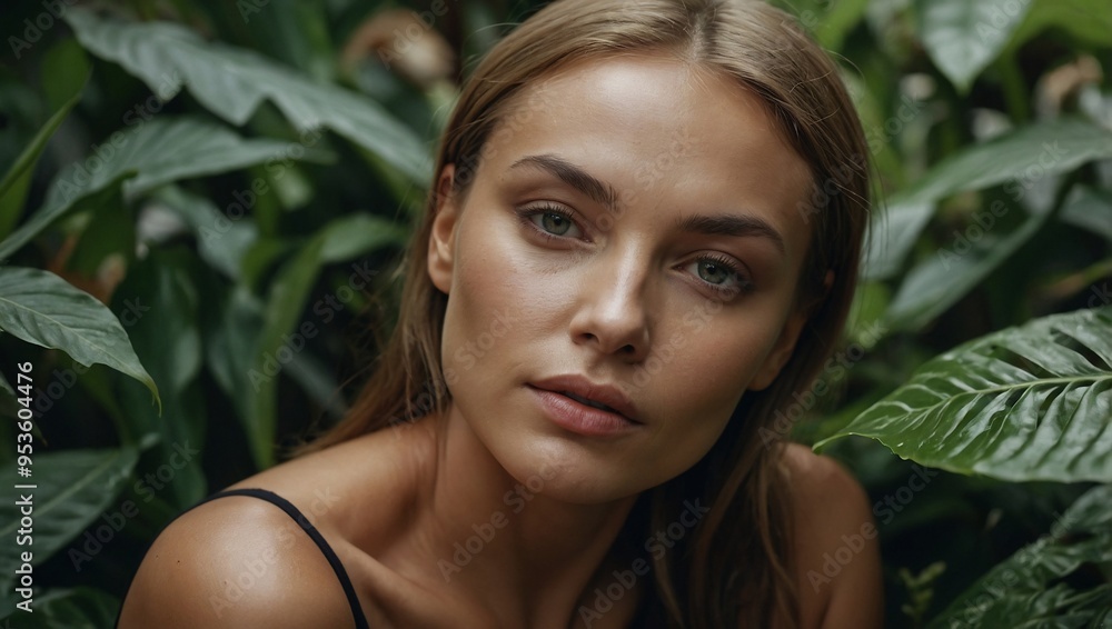 A smooth-skinned woman with gentle eyes, surrounded by verdant plants, exuding natural beauty. A smooth-skinned woman with gentle eyes, surrounded by verdant plants, exuding natural beauty.