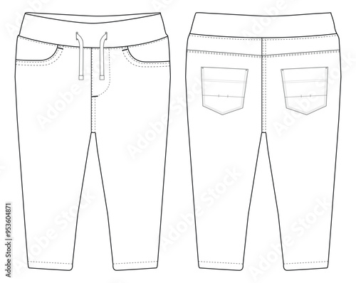 Baby Boys Woven Pant fashion flat sketch template Technical Fashion illustration vector with front and back view,