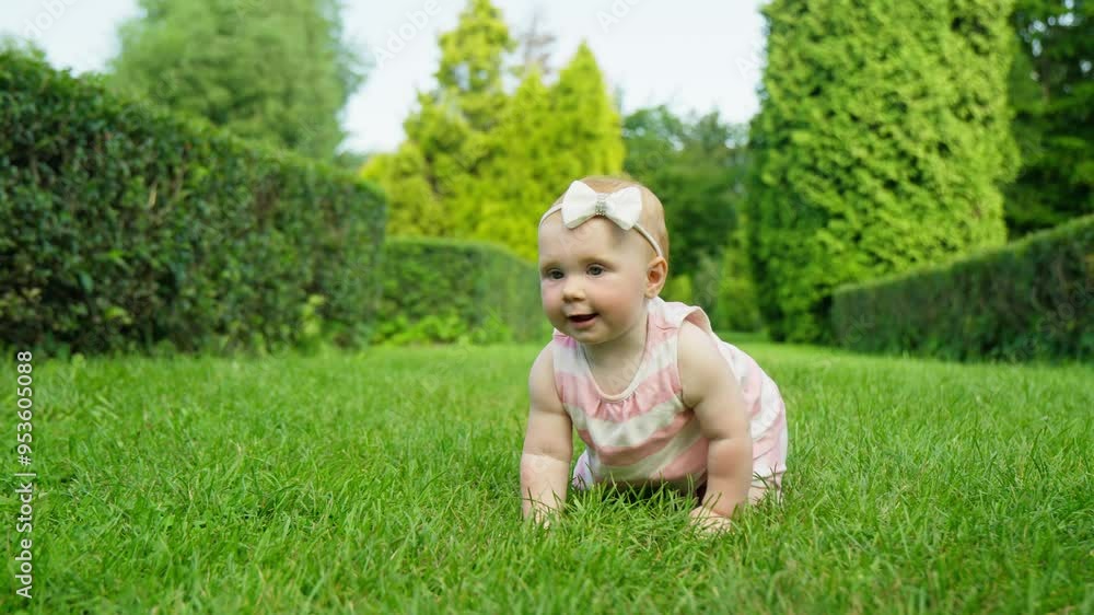 Baby explores vibrant garden filled with lush greenery. With playful spirit, she crawls joyfully across soft grass, showcasing her curiosity and wonder. 4K, UHD Baby explores vibrant garden filled with lush greenery. With playful spirit, she crawls joyfully across soft grass, showcasing her curiosity and wonder. 4K, UHD