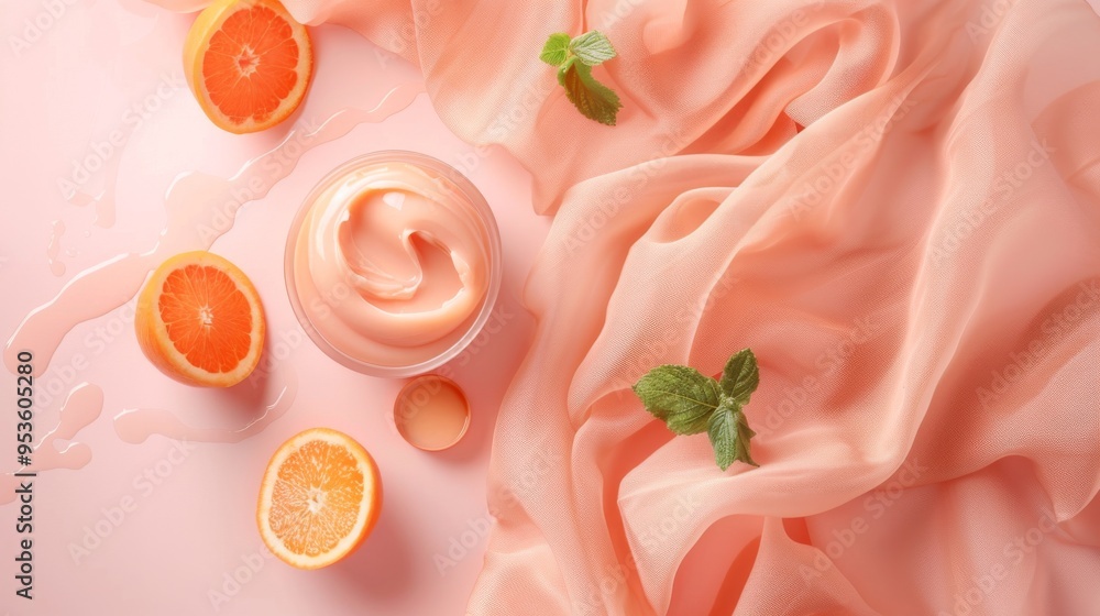 A jar of orange-scented beauty cream surrounded by fresh citrus and mint on draped silk fabric A jar of orange-scented beauty cream surrounded by fresh citrus and mint on draped silk fabric