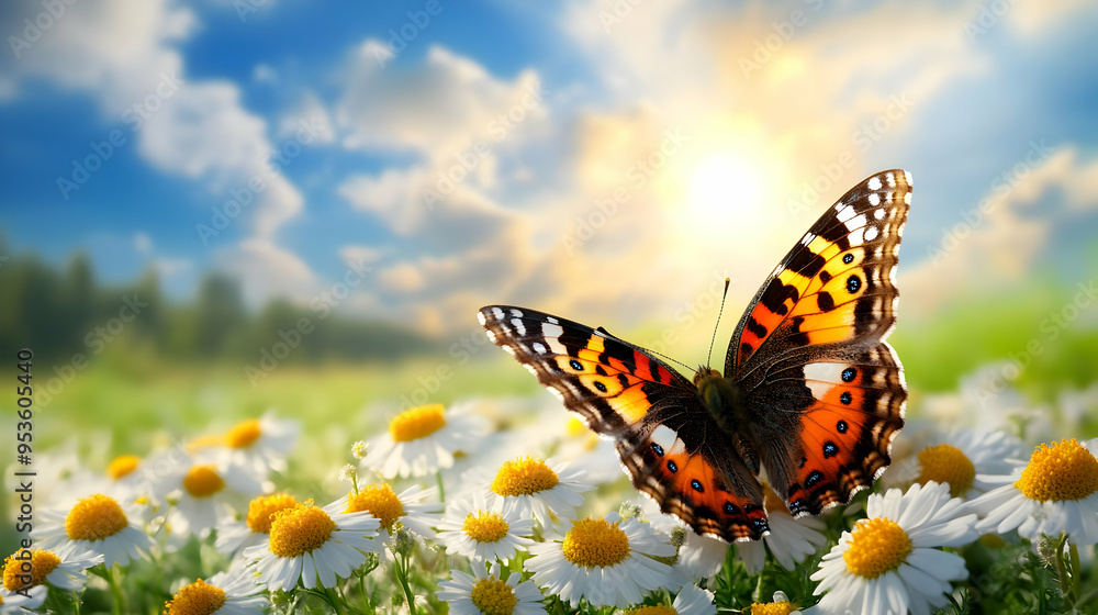 Butterfly on Daisies in a Meadow at Sunset Butterfly on Daisies in a Meadow at Sunset
