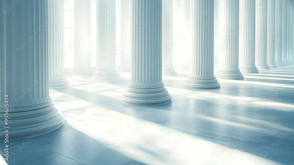 White Marble Columns in a Grand Hallway with Sunbeams White Marble Columns in a Grand Hallway with Sunbeams