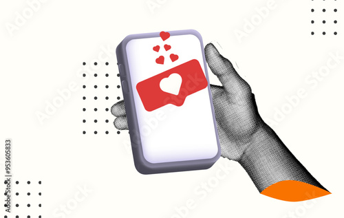 halftone collage, A hand holds a smartphone with a heart notification, symbolizing likes, shares, or social media love. illustrating online interaction and digital connection