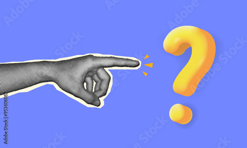 halftone collage, question graphic featuring a pointing hand and bold yellow question mark