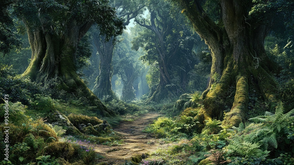 A beautiful fairytale enchanted forest with big trees and great vegetation A beautiful fairytale enchanted forest with big trees and great vegetation