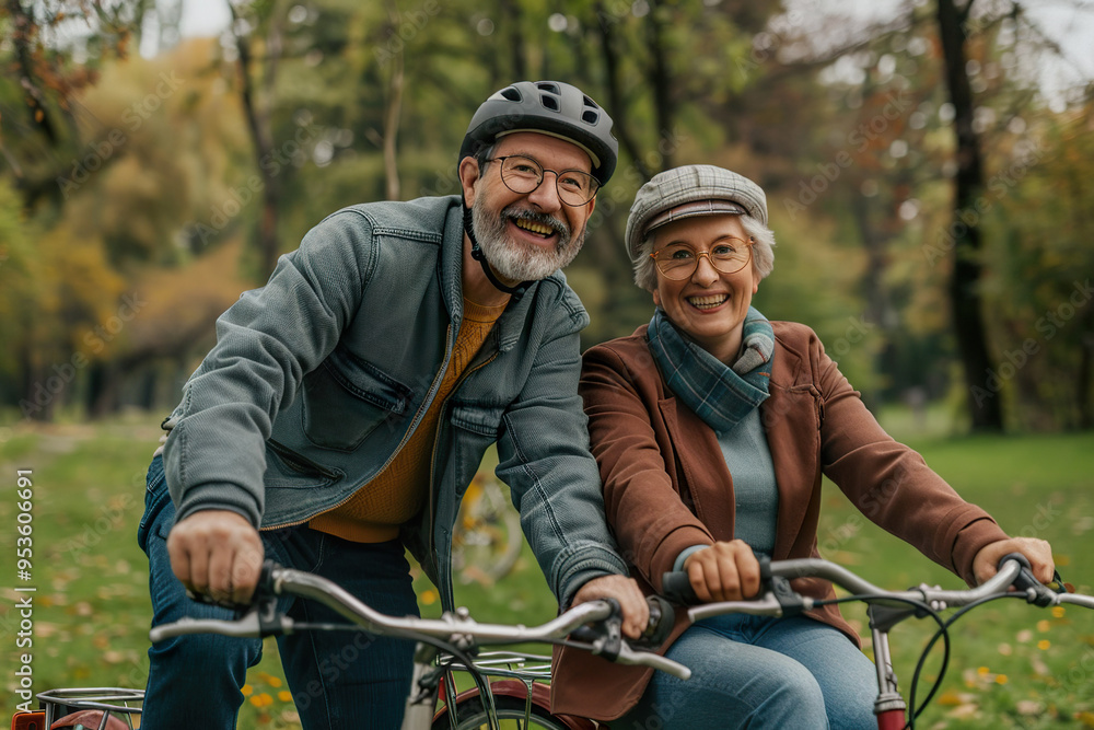 A couple of older people are riding bicycles in a park, A couple of older people are riding bicycles in a park,