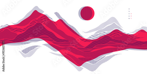 Nature art oriental Japanese style vector abstract background in red colors, runny like water shapes and lines with textures.