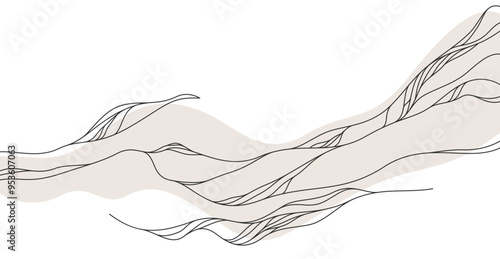 Abstract landscape illustration in oriental Asian style, minimal and simple japaneese background with smooth lines runny like water or hills shapes.