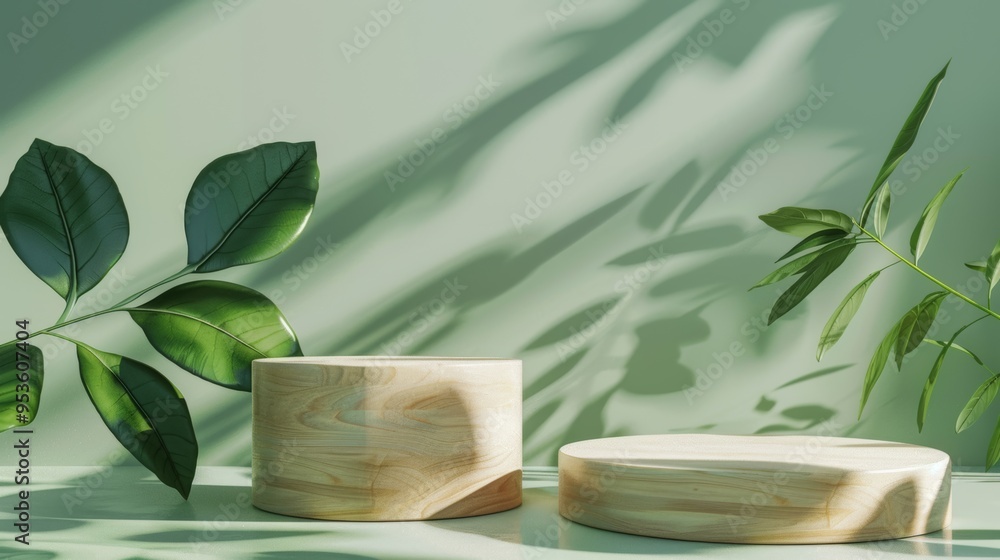 3D rendering of wooden podiums with plants. Minimalist style. 3D rendering of wooden podiums with plants. Minimalist style.