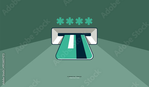 Credit card in ATM with password or code conceptual poster, financial fraud protection concept, icon style vector illustration of a plastic card inserted into a ATM and password or code typing.