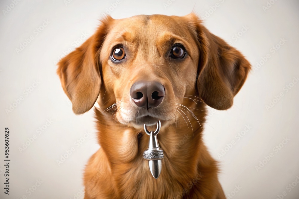 A curious and focused brown dog sits upright, holding a shiny metal key ring in its mouth, with A curious and focused brown dog sits upright, holding a shiny metal key ring in its mouth, with