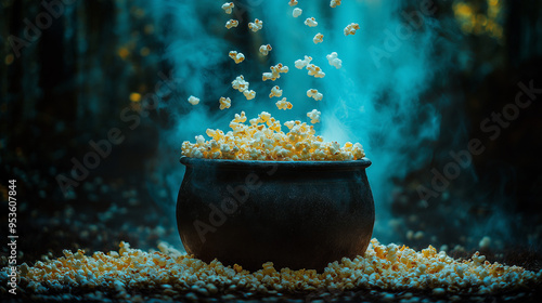 Popcorn spilling out of a witch s cauldron with a mystical, dark forest background, The cauldrons rim