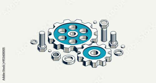 Mechanical engineering concept, gears and cogs composition isometric 3D vector illustration, cogwheels system technology and technics machinery engine.
