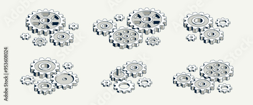 Invention renovation and development concept set, gears and cogs composition isometric 3D vector illustration, technology theme, machinery and engine creation.