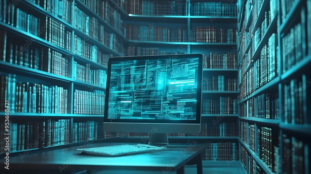 Fototapeta premium Digital library houses a vast collection of books with computer