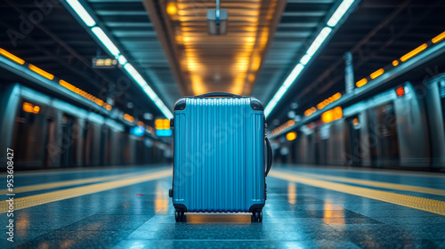 A silver suitcase on a platform at a busy train station during daylight hours waiting for its owner