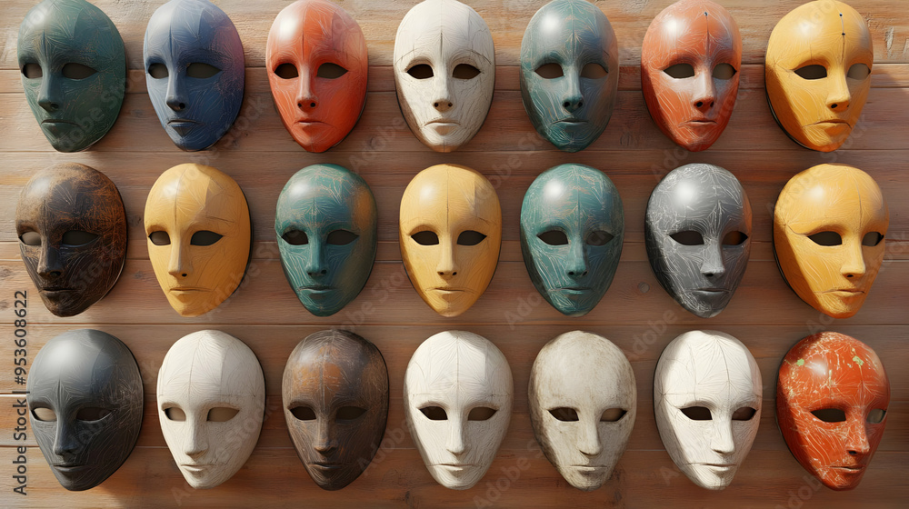 Colorful Venetian Masks on Wooden Wall Colorful Venetian Masks on Wooden Wall