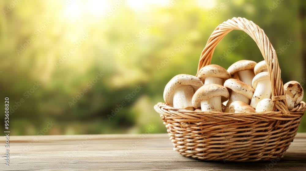 Wicker basket and fresh champignon mushrooms on wooden table against blurred background with space for text. Cooking delicious organic food boletus mushroom Wicker basket and fresh champignon mushrooms on wooden table against blurred background with space for text. Cooking delicious organic food boletus mushroom