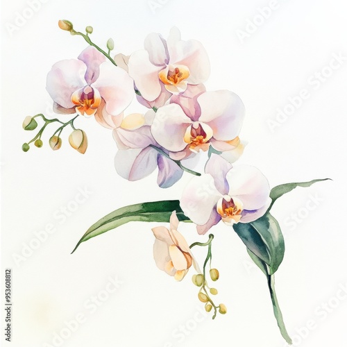 Watercolor orchid artwork, white isolated setting