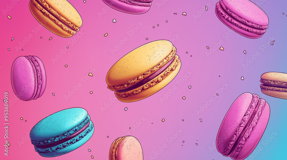 Fototapeta premium Pop art concept colorful macaroons cake. Colorful background in pop art retro comic style.