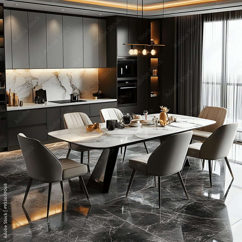 Modern Dining Room Interior Design with Black and White Marble Floors