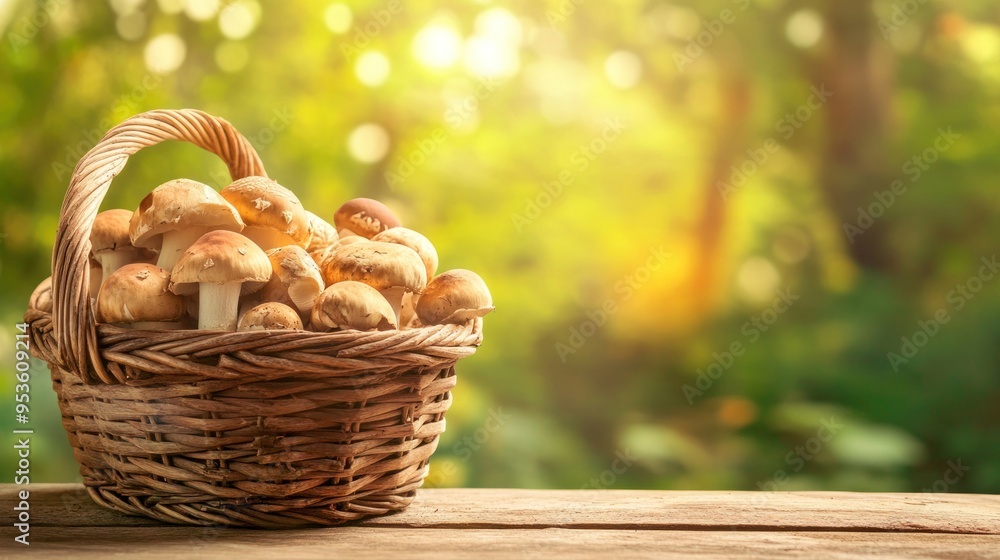 Wicker basket and fresh champignon mushrooms on wooden table against blurred background with space for text. Cooking delicious organic food boletus mushroom Wicker basket and fresh champignon mushrooms on wooden table against blurred background with space for text. Cooking delicious organic food boletus mushroom