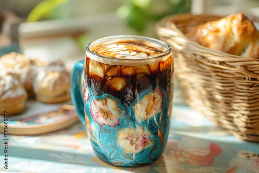 A beautifully designed mug filled with coffee and surrounded by pastries in a cozy setting. A beautifully designed mug filled with coffee and surrounded by pastries in a cozy setting.