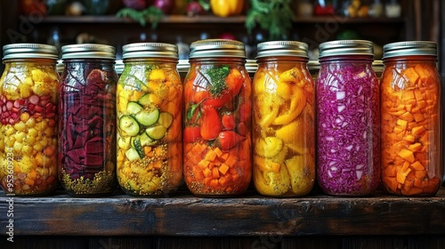 Close-Up of Jars Filled with Pickled Vegetables and Fruits on Kitchen Table Against Dark Wood Background, Featuring Carrots, Beets, Peppers, Zucchini, and Red Cabbage