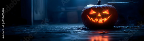 Wallpaper Mural Glowing Jack O Lantern on Dark Wooden Floor Torontodigital.ca