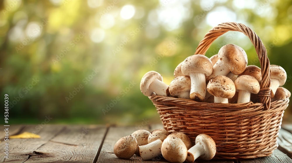 Wicker basket and fresh champignon mushrooms on wooden table against blurred background with space for text. Cooking delicious organic food boletus mushroom Wicker basket and fresh champignon mushrooms on wooden table against blurred background with space for text. Cooking delicious organic food boletus mushroom