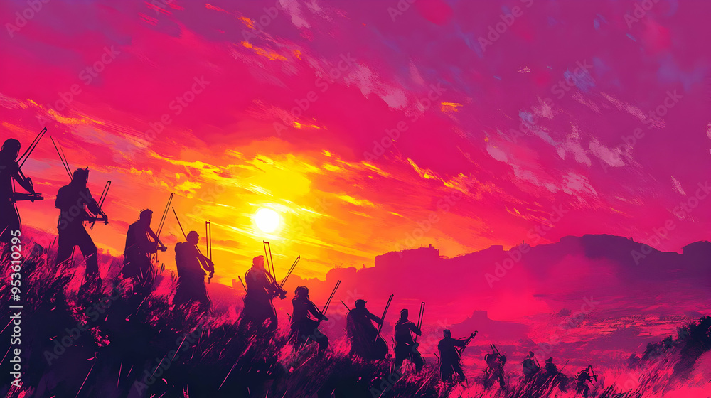 Sunset Symphony Musicians Silhouette Against Vibrant Sky