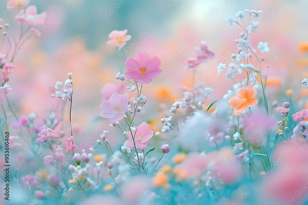 Soft Pastel Pink Flowers Blooming in a Field of Wildflowers Soft Pastel Pink Flowers Blooming in a Field of Wildflowers