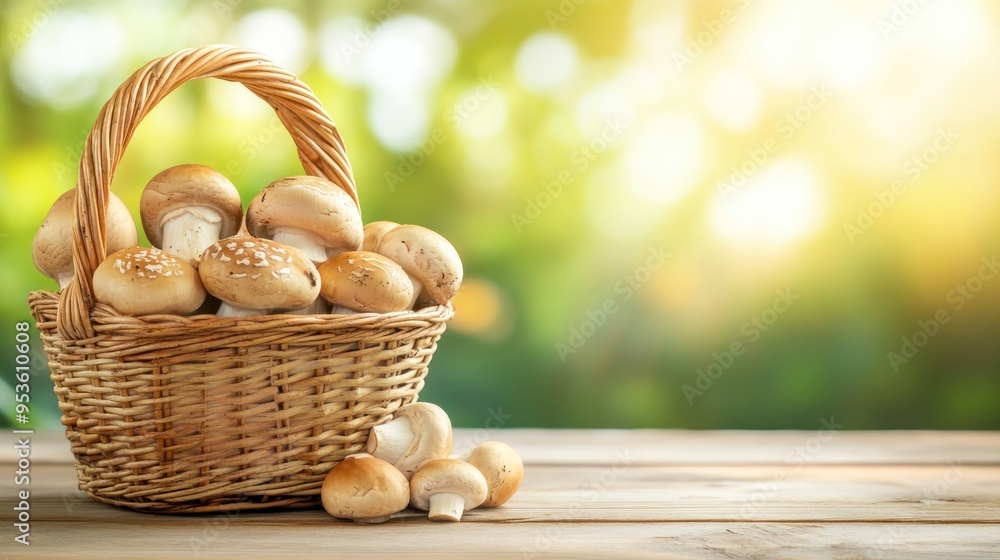 Wicker basket and fresh champignon mushrooms on wooden table against blurred background with space for text. Cooking delicious organic food boletus mushroom Wicker basket and fresh champignon mushrooms on wooden table against blurred background with space for text. Cooking delicious organic food boletus mushroom