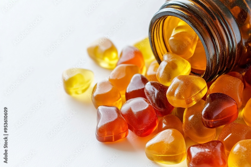 Vitamins for children marmalade on a white background close-up with a brown bottle. Gummy vitamins. Generative Ai Vitamins for children marmalade on a white background close-up with a brown bottle. Gummy vitamins. Generative Ai