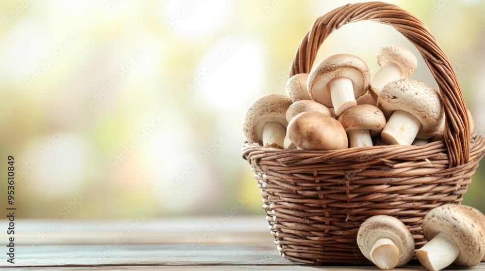 Wicker basket and fresh champignon mushrooms on wooden table against blurred background with space for text. Cooking delicious organic food boletus mushroom Wicker basket and fresh champignon mushrooms on wooden table against blurred background with space for text. Cooking delicious organic food boletus mushroom
