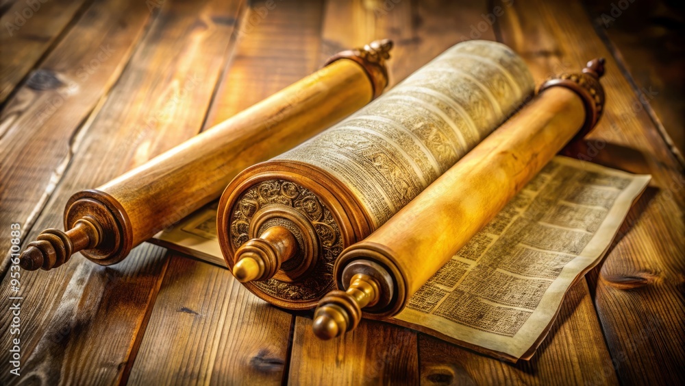 A delicate, ornate, and intricately decorated Torah scroll lies unrolled on a wooden table, its yellowed parchment A delicate, ornate, and intricately decorated Torah scroll lies unrolled on a wooden table, its yellowed parchment