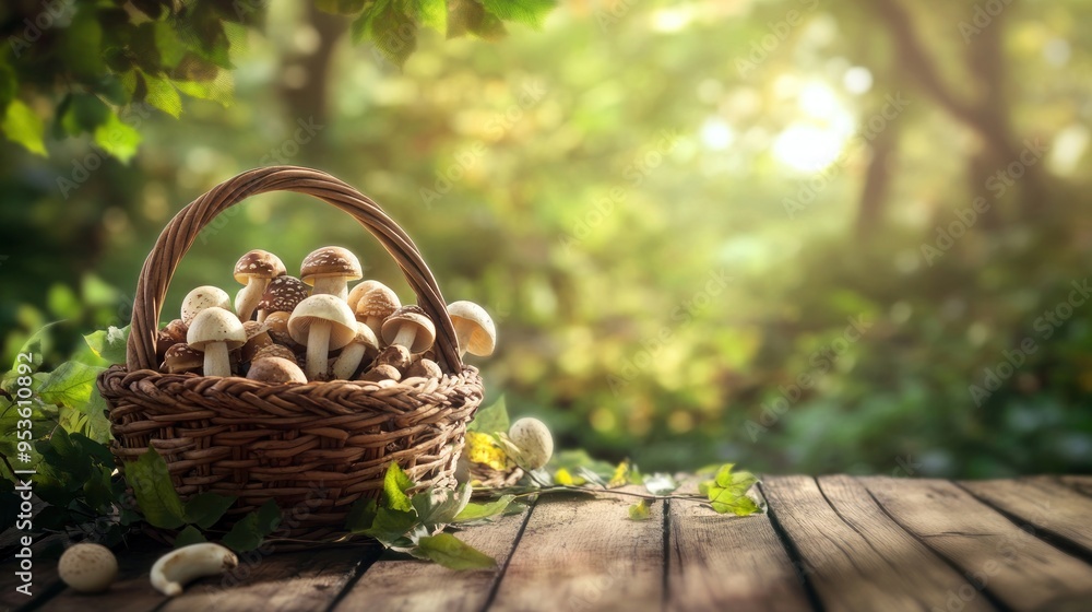 Wicker basket and fresh champignon mushrooms on wooden table against blurred background with space for text. Cooking delicious organic food boletus mushroom Wicker basket and fresh champignon mushrooms on wooden table against blurred background with space for text. Cooking delicious organic food boletus mushroom