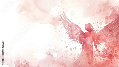 Watercolor depiction of a red-winged angel in a celestial scene. photo