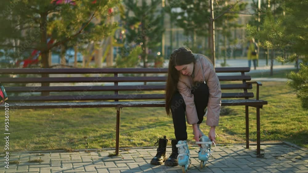 A girl in a peach jacket and black trousers sits on a bench in a park, picking up a rollerblade from the bench to put it on. moment of preparation for a skating session in an outdoor park setting A girl in a peach jacket and black trousers sits on a bench in a park, picking up a rollerblade from the bench to put it on. moment of preparation for a skating session in an outdoor park setting