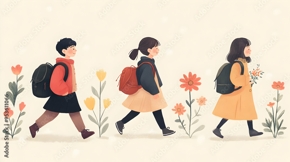 Obraz premium Happy Kids Walking in a Flower Garden with Backpacks