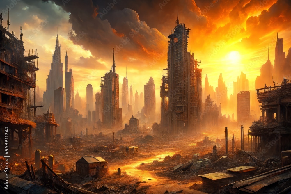 Naklejka premium A desolate, orange-hued metropolis sprawls beneath a toxic sky, crumbling skyscrapers and twisted metal wreckage