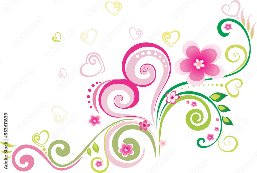 Abstract floral vector illustration with pink flowers and swirling leaves, perfect for nature-inspired design elements Abstract floral vector illustration with pink flowers and swirling leaves, perfect for nature-inspired design elements