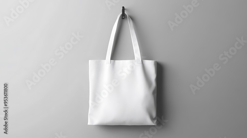 White Canvas Tote Bag Hanging on a Hook Against a Grey Wall