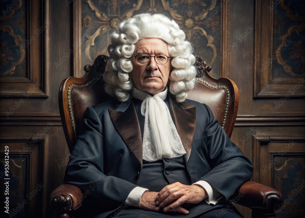 A dignified, serious-looking elderly statesman with powdered wig, spectacles, and formal attire sits in a stately pose, exuding wisdom, integrity, and leadership.