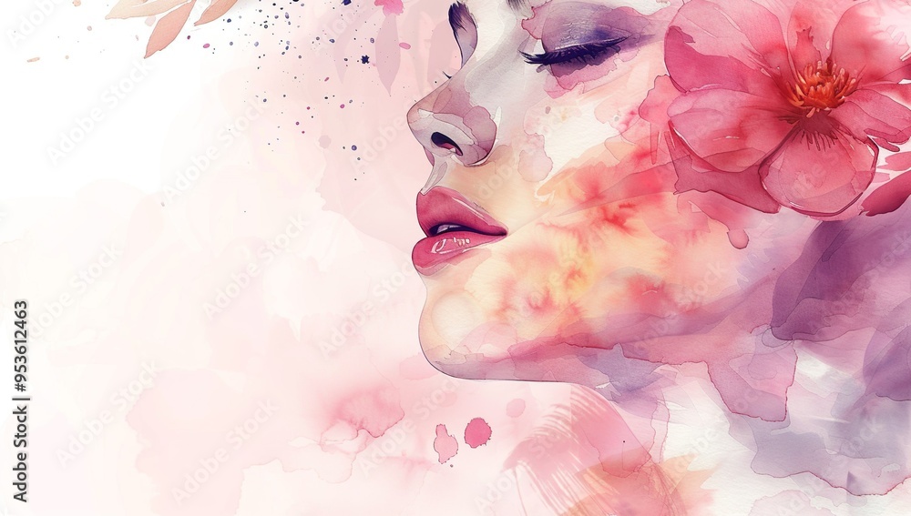 Fototapeta premium Watercolor side profile portrait of a woman with pink and purple flowers.